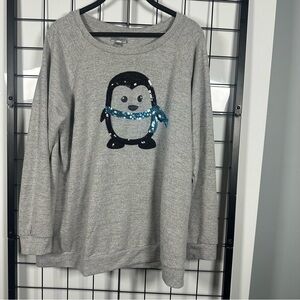 Avenue Heather Gray Sequin Penguin Scoopneck Long Sleeve T-Shirt Women's 14/16